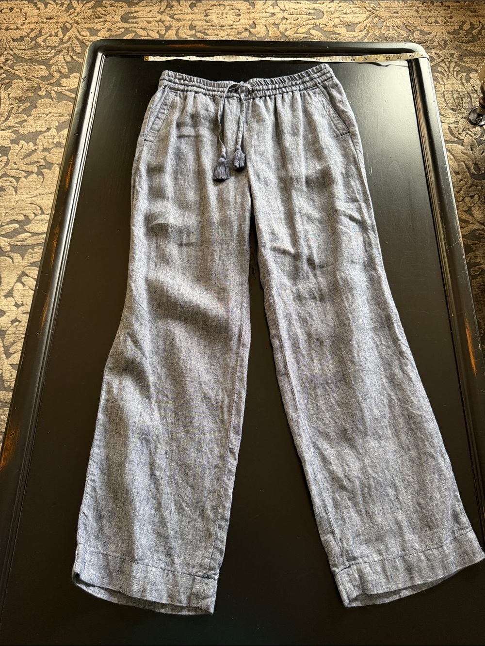 Casual Drawstring Linen-Blend Womens Pants — chambray blue